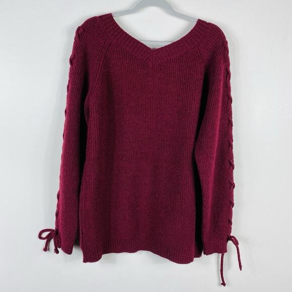 Suzanne Betro Size Large XL Lacing Detail V-Neck Sweater Burgundy Red - Picture 2 of 5
